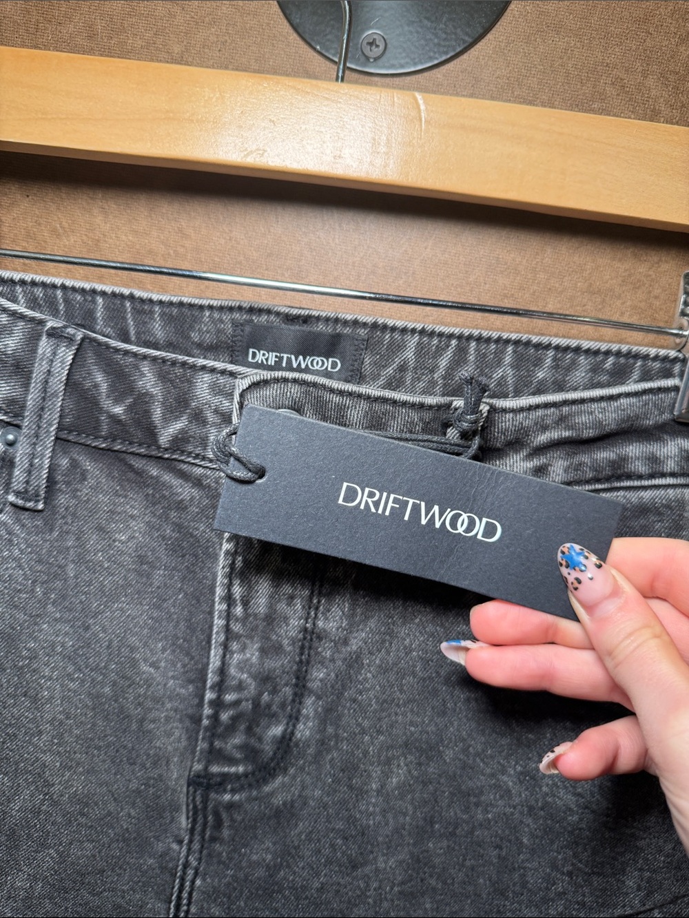 DRIFTWOOD Washed Black Straight Leg Jeans with Floral Patch Pockets - Picture 2 of 5